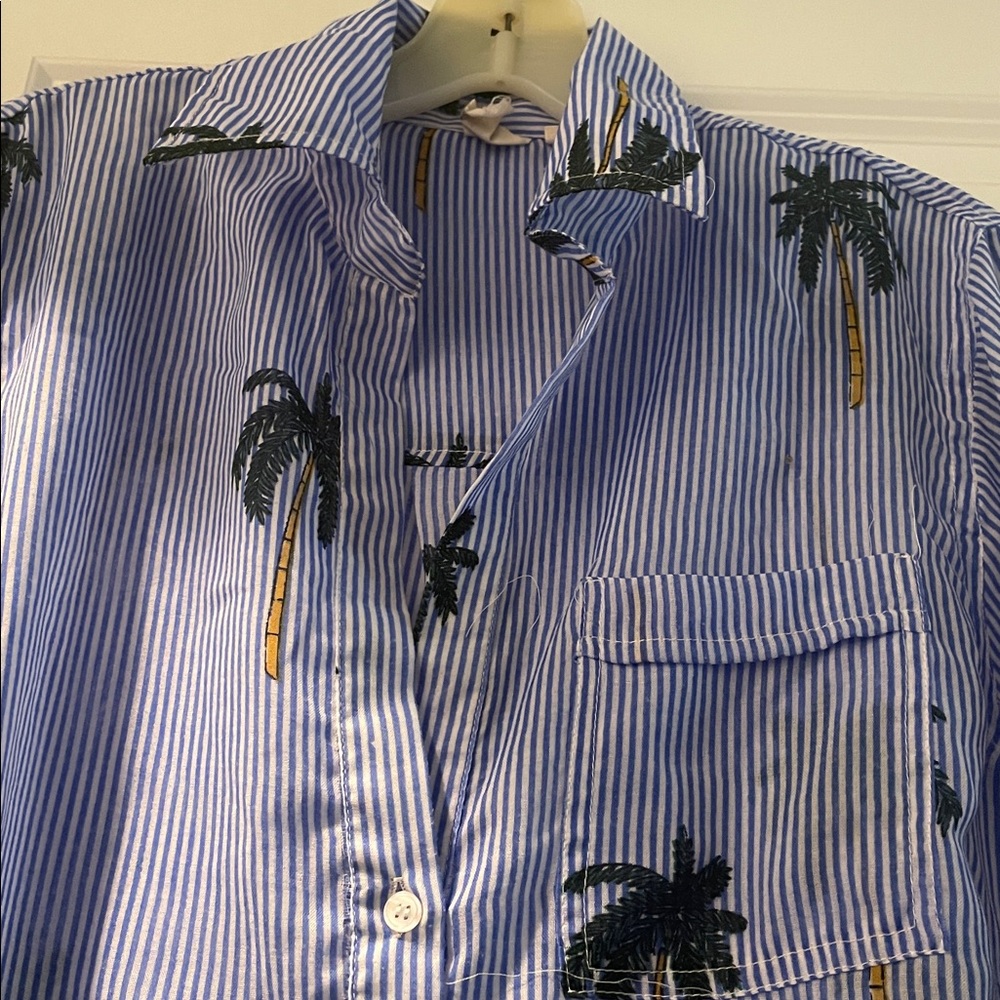 Violet Sky Overshirt Coverup Tunic Size S Blue White Stripes Tropical Vacation - Picture 7 of 13